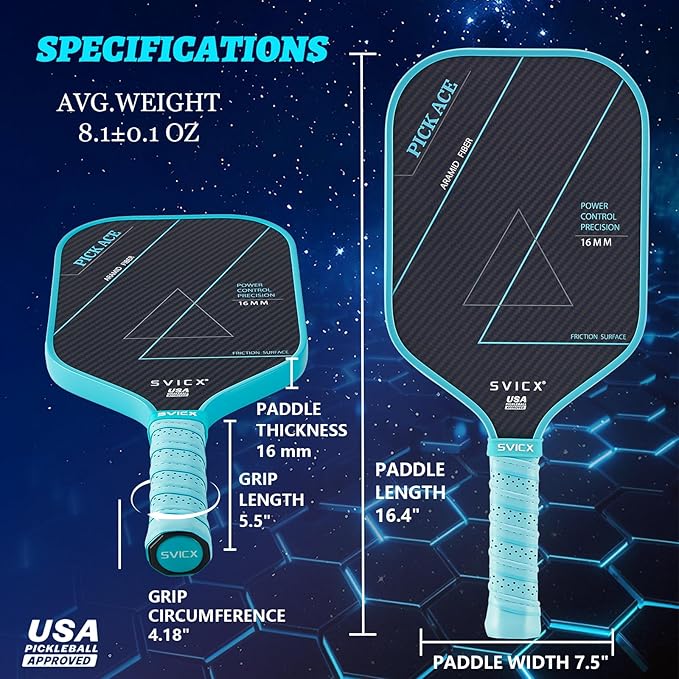 Carbon Fiber Pickleball Paddle 16mm – Professional Pickleball Paddles with Superior Control, Power & Spin – Extended Handle for Two-Handed Grip, USAPA Approved