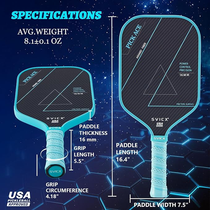 Carbon Fiber Pickleball Paddle 16mm – Professional Pickleball Paddles with Superior Control, Power & Spin – Extended Handle for Two-Handed Grip, USAPA Approved