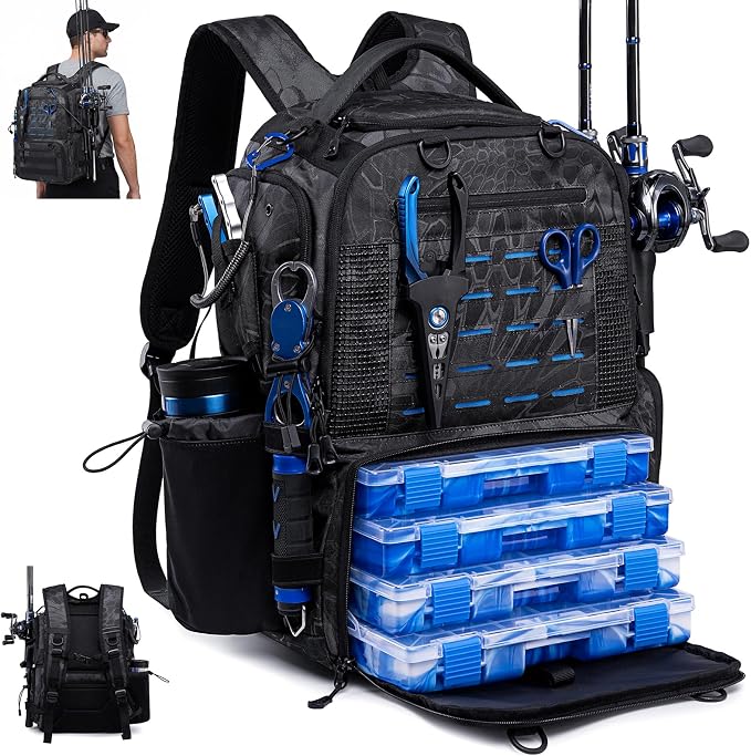 Fishing Tackle Backpack with Tackle Boxes, Two Rod Holders, Bottle Holder, 50L Waterproof Tackle Bag for Fishing Gear, Fish Gifts for Men, Black Camo (4 Tackle Boxes Included