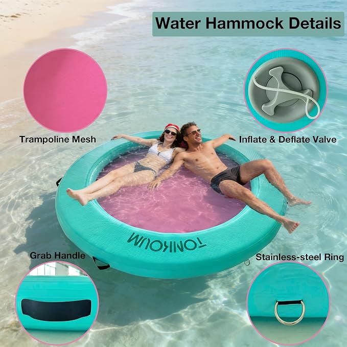 Water Hammock Inflatable Dock, 3.8ft/6ft/8ft Floating Raft Circular Water Island, Float Rings Air Mesh Platform for Lake/River/Swim Pool