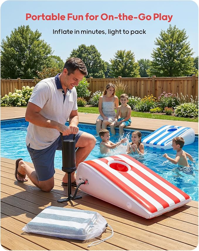 QPAU Inflatable Floating Cornhole Boards with 8 Water Bags, 3x2ft Corn Hole Games for Adults & Kids (Age 6+), Portable Cornhole Set for Swimming Pool, Pool Toss Game for Lake, Beach (with Hand Pump)