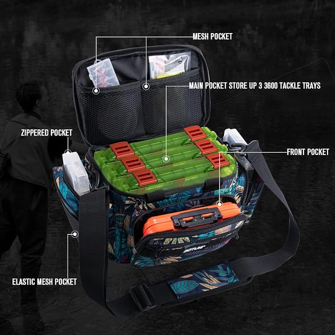 Goture Fishing Tackle Bag with 3PCS 3600 Green Tackle Boxes | 600D Water-Resistant, Soft Side Cross Body Sling Bag, Saltwater Gear Storage,Padded Shoulder Strap