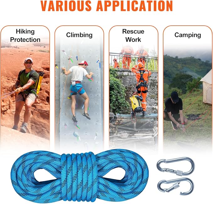 VEVOR Static Climbing Rope, 32 ft Outdoor Rock Climbing Rope with 26KN Breaking Tension, 0.4'' /10 mm High Strength Safety Rope, Escape Rope with 2pcs Carabiner and Storage Bag