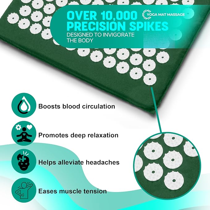 Sivan Back and Neck Pain Relief Acupressure Mat and Pillow Set, Chronic Back Pain Treatment - Relieves Your Stress of Lower Upper Back and Sciatic Pain - Green