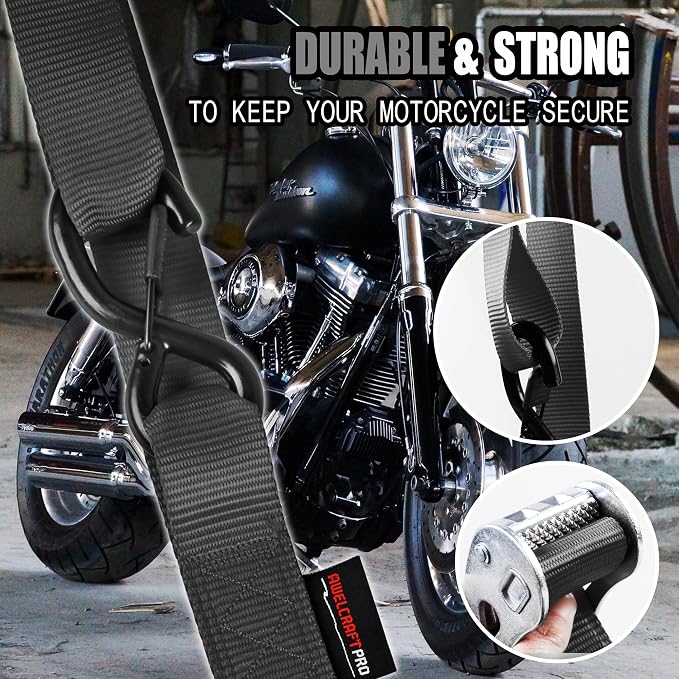 AWELCRAFT Motorcycle Tie Down Straps (2 Pack),3300lb Break Strength,1.5in x 8FT Steel Cambuckle Dirtbike Strap,Integrated Soft Loops & Double S-Hooks with Safety Clips,Lab Tested,Black