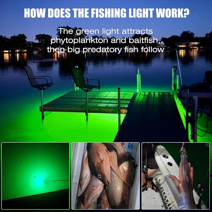 HUSUKU FS0-3 Underwater Green LED Fishing Light with Safety Transformer 110V - 100W 10,000LM / 16.4ft Cord Night Fish Finder Attractor, IP68 Submersible Lamp for Snook Crappie Squid Shrimp Fishing
