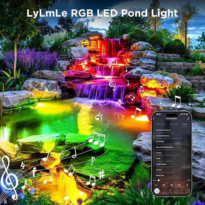 LyLmLe LED Pond Lights with APP Control & 12V Transformer | 6W SS316 Stainless Steel RGB Underwater Fountain Light, IP68 Waterproof Underwater Lights for Pond Waterfall, Black Wire
