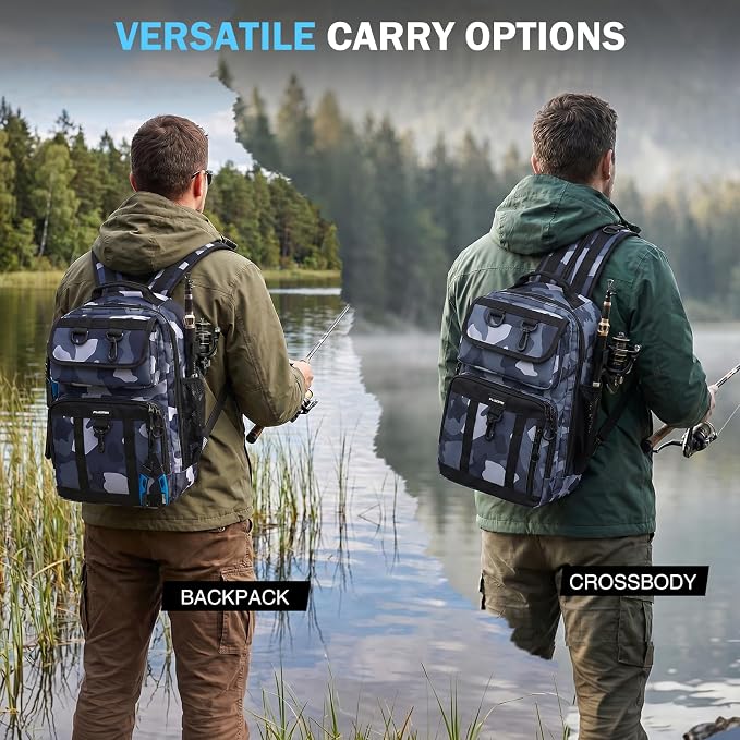 PLUSINNO Fishing Backpack with Fishing Gear, Tackle Box, Fish Accessories & Tools, Waterproof Sling Tackle Bag with Rod Holders, Lures for Freshwater/Saltwater, Fishing Gifts for Men