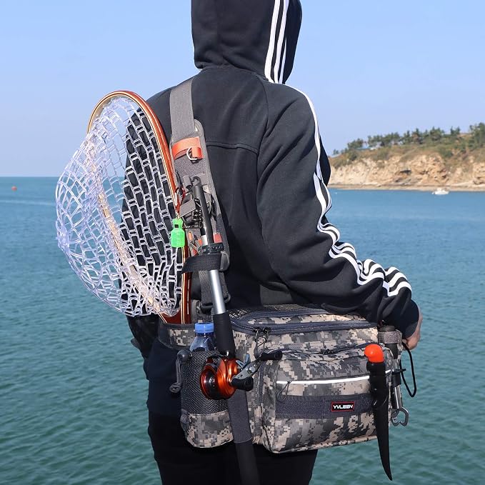 YVLEEN Sling Fishing Tackle Bag - Outdoor Tackle Box - Water-Resistant Waist Bag Cross Body Fly Fishing Sling Pack