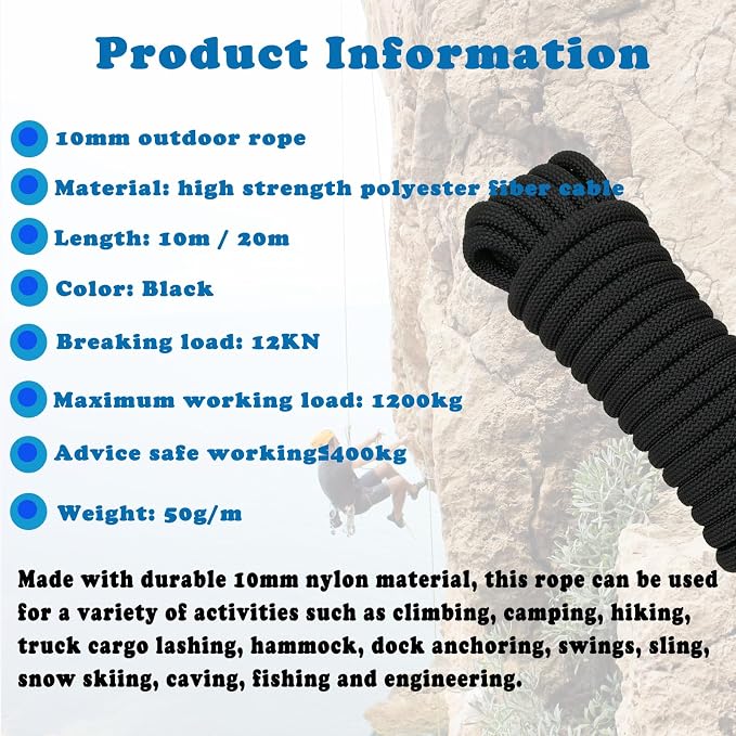 10mm Climbing Rope with Hook and 10mm Single Rope, Orange Black 65.6ft