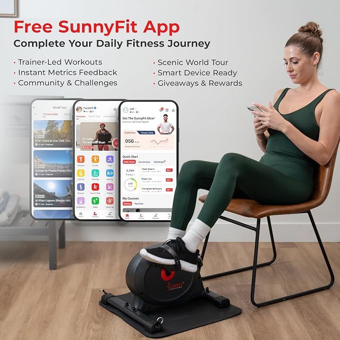 Sunny Health & Fitness Smart Under-Desk Bike Exerciser, Low-Impact Cardio Cycling Equipment for Home/Office, Mini Paddler for Arm/Leg Mobility Training, Free SunnyFit App