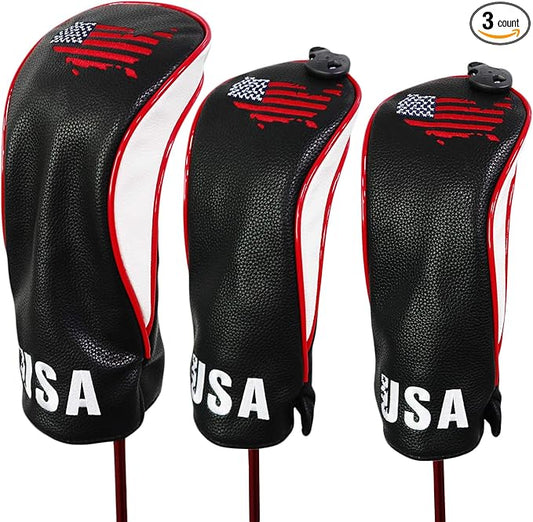 Golf Club Head Covers 3 Pack, Waterproof PU Leather Driver & Fairway Wood Headcovers with Rotatable Number Tags