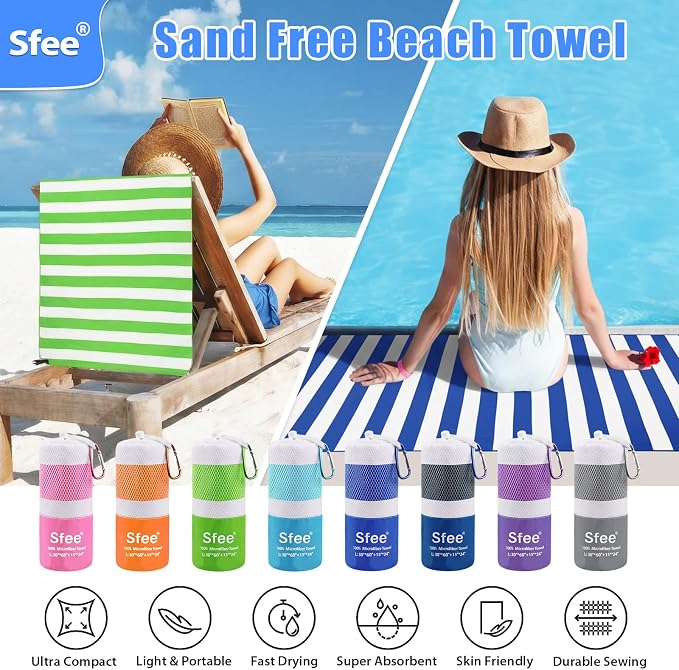 Sfee 2 in 1 Microfiber Beach Towel, Quick Dry Towel Camping Towel Travel Towel Super Absorbent Compact Lightweight Sports Gym Towels Set for Beach, Gym, Hiking, Pool, Backpacking, Bath, Yoga