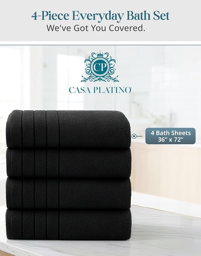 Casa Platino Bath Sheet Towel Set, 4 Pack Bath Sheet(36"x 72"), 100% Ring Spun Cotton Bath Sheets, Lightweight Black Bath Sheet, Highly Absorbent Black Towels, Quick Drying Towels Set, Soft Towel