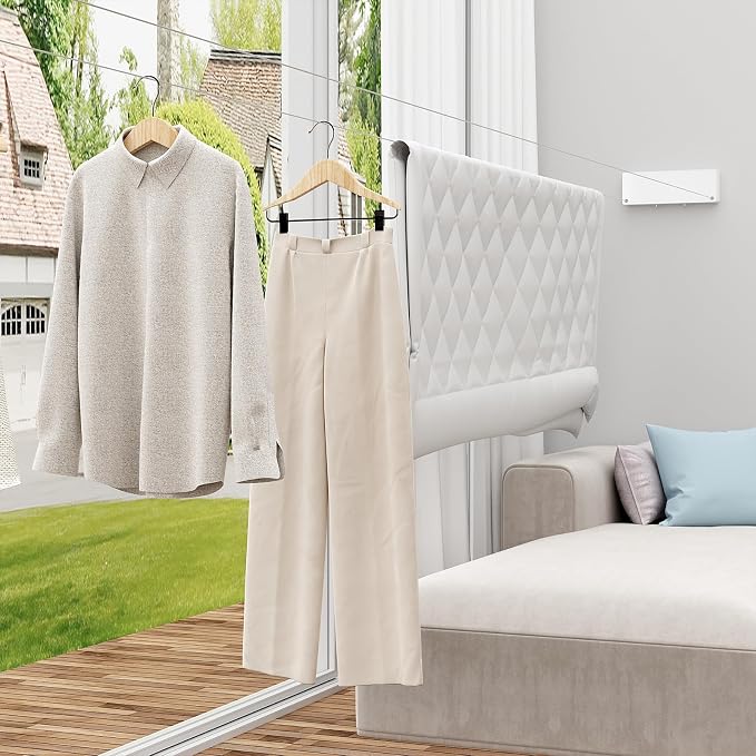 Retractable Clothesline Indoor, Non-Sagging Clothes line retracting Outdoor, Heavy Duty Wall Mounted Laundry Line Adjustable Stainless Steel for Laundryroom, Bathroom, 15.8 Feets Double Lines White