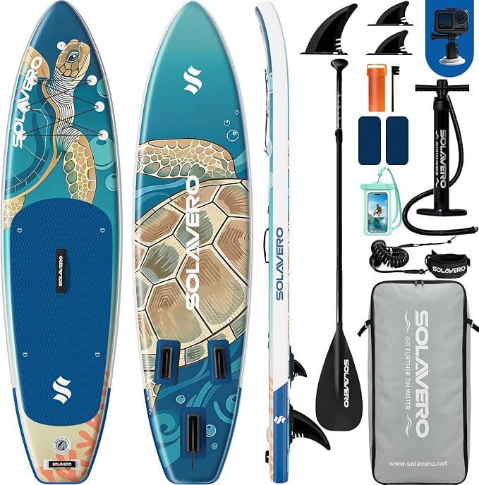 SOLAVERO Stand Up Paddle Board, 11‘ Inflatable SUP Supports 500LB - Wide Stable Board with Non-Slip EVA Deck for Adults & Youth of All Skill Levels