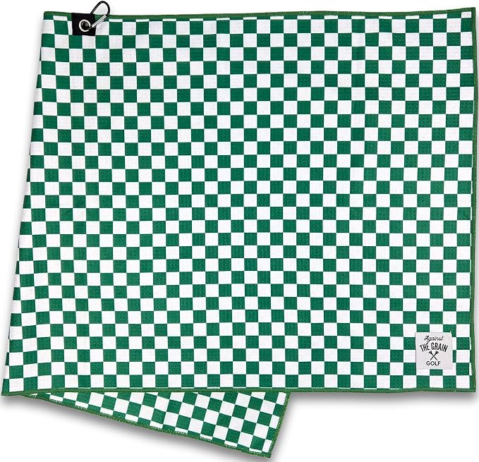 Against The Grain Microfiber Golf Towel with Clip - (20"x40") Green & White Checkered Design Golf Club Towel, Golf Towels for Golf Bags for Men & Women