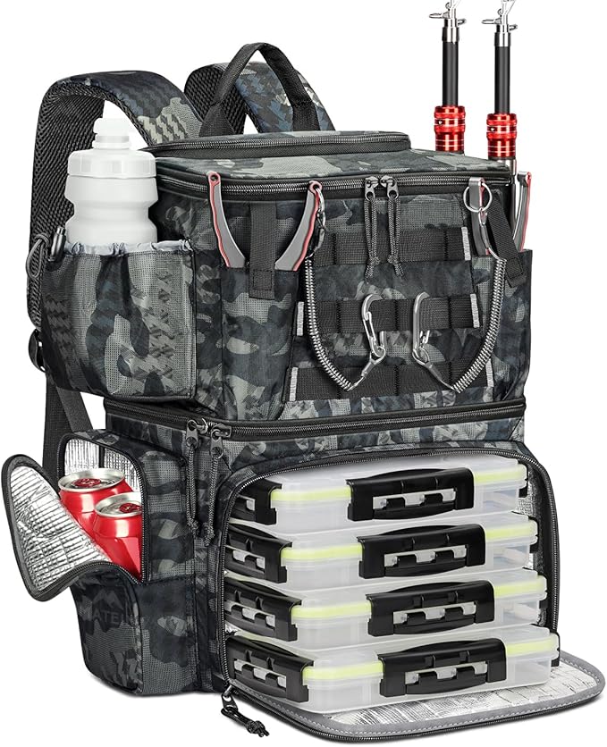 MATEIN Fishing Backpack with 4 Tackle Boxes, Fishing Bag with Rod Holder | 3600 Tackle Box 4 Pack, Water Resistant Tackle Backpack with Cooler Compartment, Safety Compass, Gifts for Fishermen