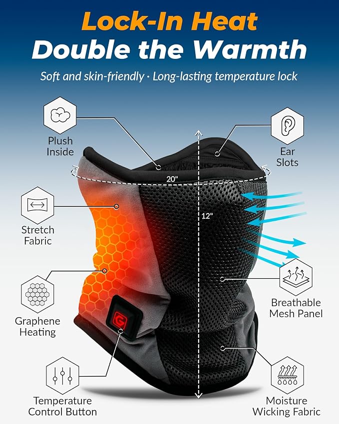Graphene Heated Balaclava Neck Gaiter Gifts for Men Women Warm Cold Winter Gift for Ski Snowboard Motorcycle