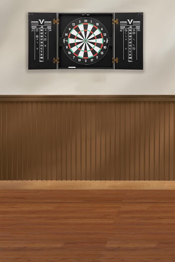 Viper Hideaway Dartboard Cabinet Set with Steel-Tip Dart Board, Reversible Board with Baseball Game Option, Two Sets of Darts, Chalk Scoreboards, and Matte Black Finish
