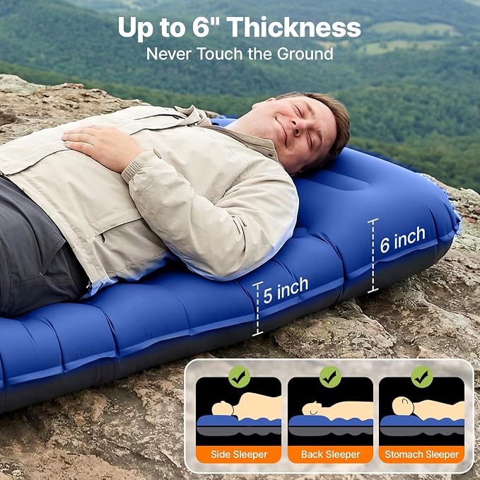 OGERY Sleeping Pad, Ultralight Inflatable Sleeping Pad for Camping with Pillow Built-in Foot Pump, 6" Extra-Thick Reinforced Camping Mattress for Hiking, Backpacking, Tent