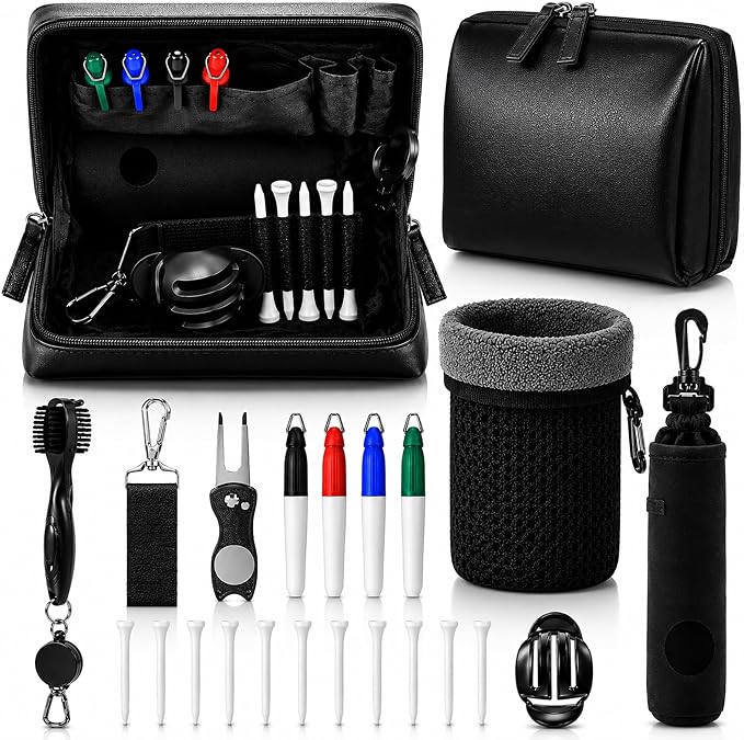 Duraaamo 21 Pcs Golf Accessories Kit Include Double Layer Cleaning Pouch Golf Ball Bag Storage Bag Tee Holder Divot Tool Cleaner Brush 10 Tees 4 Markers Alignment Tool for Dad Men Women Gifts