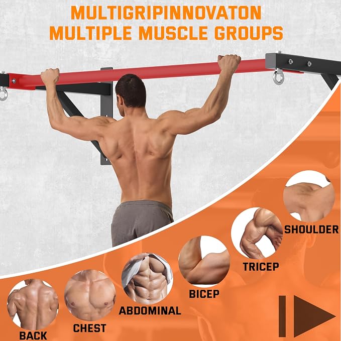 Pull Up Bar Wall Mounted, Heavy Duty 650 lbs Capacity Chin Up Bar, 48" Multi-Grip Strength Training Pull-up Bars, for Home Gym Garage/Backyard Total Body Workout, Ease Of Use Mounting