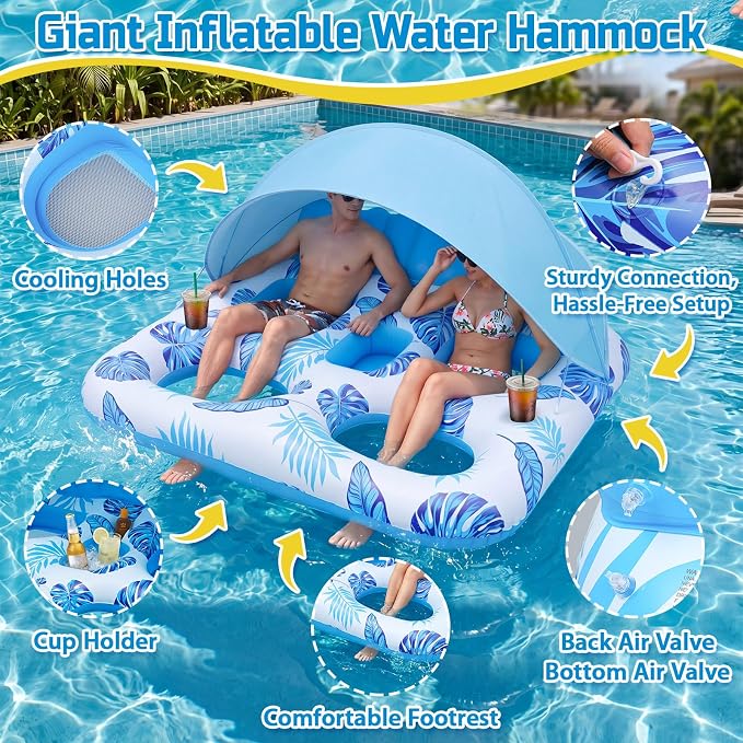 Chumia Pool Floats with Canopy for Adult, UPF50+ 1-2-3 Person Inflatable Floats with Sun Shade Backrest Footrest and Cup Holder Heavy Duty for Pool Lake River Beach Ocean Summer Party Supply