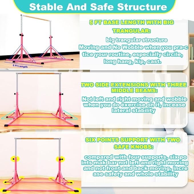 Marfula Gymnastic Bar For Kid and Teenage of 3-25, 5Ft/8 FT Base Length 4Ft Width 5Ft Adjust Height, Gymnastic Kip Bar For Gymnast, Gymnastic Training Equipment For Professional Training Home Club Use