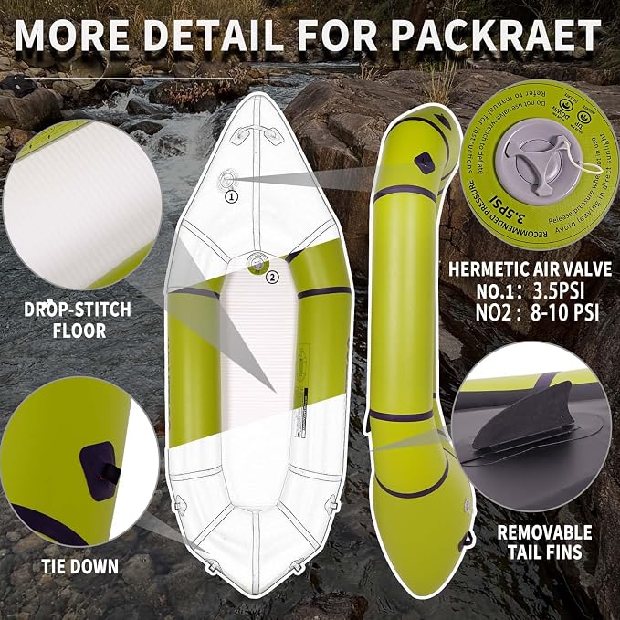 PVC Packrafts,1 Person Packraft for Flat Water Rafting Camping Trip/Fishing/Water Adventures, Travel Kayak with Two-Way Manual Pump, 300lb Weight Capacity