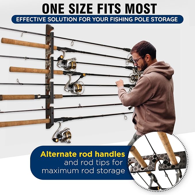 Rush Creek Creations Ceiling Rod Holder for 8 Fishing Poles - Garage Organization and Wall Storage for Reels, Gear, and Accessories - Horizontal Rack