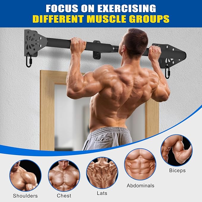 Kipika Wall Mounted Pull Up Bar - Heavy Duty 450 LB Capacity Doorway Chin Up Bar for Home Gym, Sturdy Steel Construction with Resistance Band Hooks | Hanging Exercise Bar for Full Body Workout