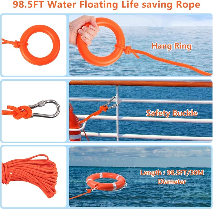 Life Preserver Ring 23"/28", Boat Safety Throw Rings with Bracket, Orange Buoy with Rope 98.5 FT and Reflective Tape for Boat