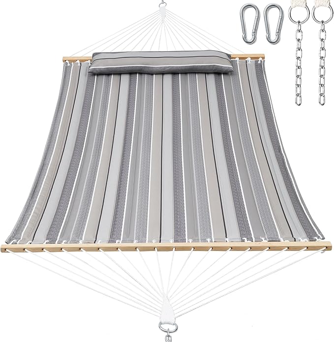 GAFETE Hammock 2 Person Quilted Fabric Hammocks for Outside, Double 12ft Hammocks with Spreader Bar, Large Removable Pillow, Storage Bag, Carabiners, Max 475 lbs Capacity (Peace Dove Grey)