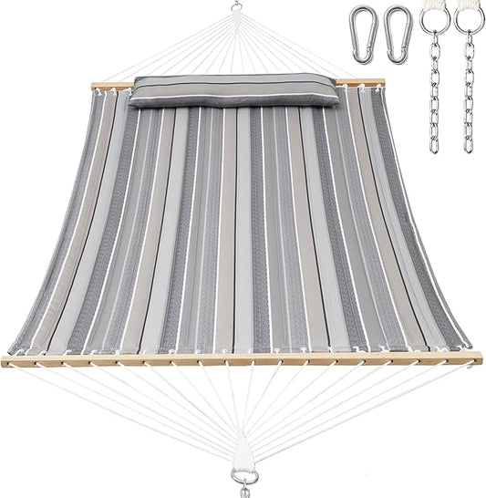 GAFETE Hammock 2 Person Quilted Fabric Hammocks for Outside, Double 12ft Hammocks with Spreader Bar, Large Removable Pillow, Storage Bag, Carabiners, Max 475 lbs Capacity (Peace Dove Grey)