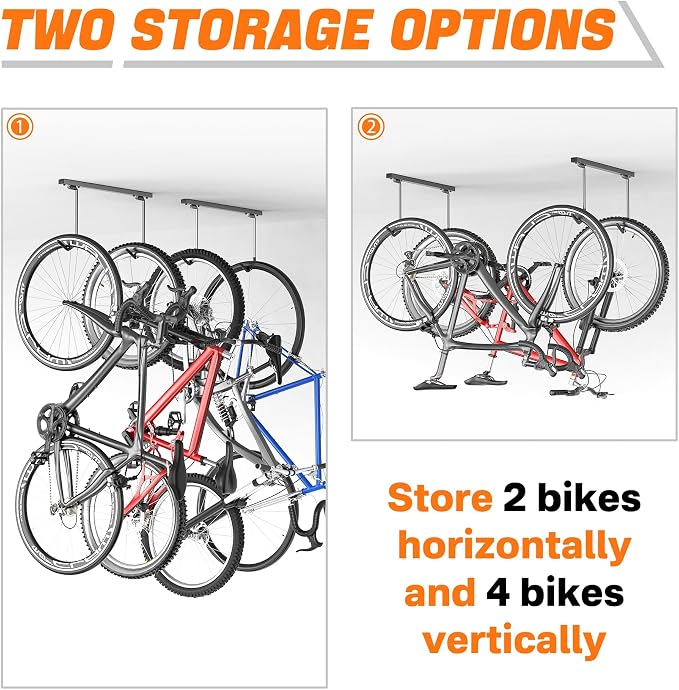 TORACK Overhead Bike Rack for Garage, Ceiling-Mounted Bicycle Storage Hooks for 2 Bikes (Horizontal) or 4 Bikes (Vertical), Adjustable Bicycle Hooks for Mountain, Road Bike