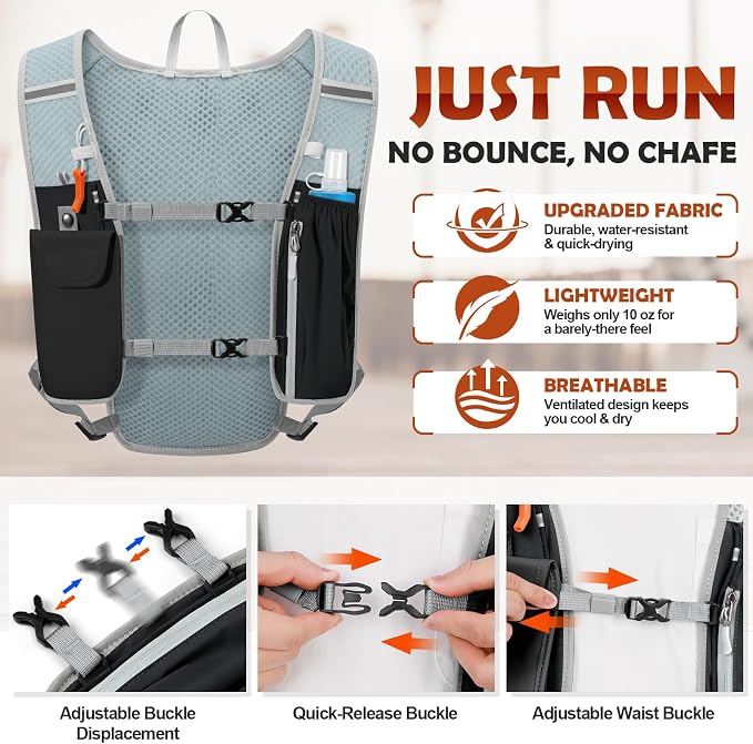 RAINSMORE Running Hydration Vest with 500ml Soft Flask, Waterproof Phone Pocket, Lightweight Hydration Pack, Adjustable No-Bounce Straps for Trail Running, Marathon, Cycling