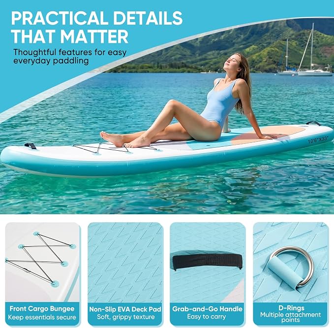 Inflatable Stand Up Paddle Board 10'6" x 33" x 6", 350 LBS Capacity Beginner-Friendly SUP Board with Paddle, Pump, Backpack, Leash, Waterproof Phone Bag and 3 Fins for Lake, Ocean or River Fun
