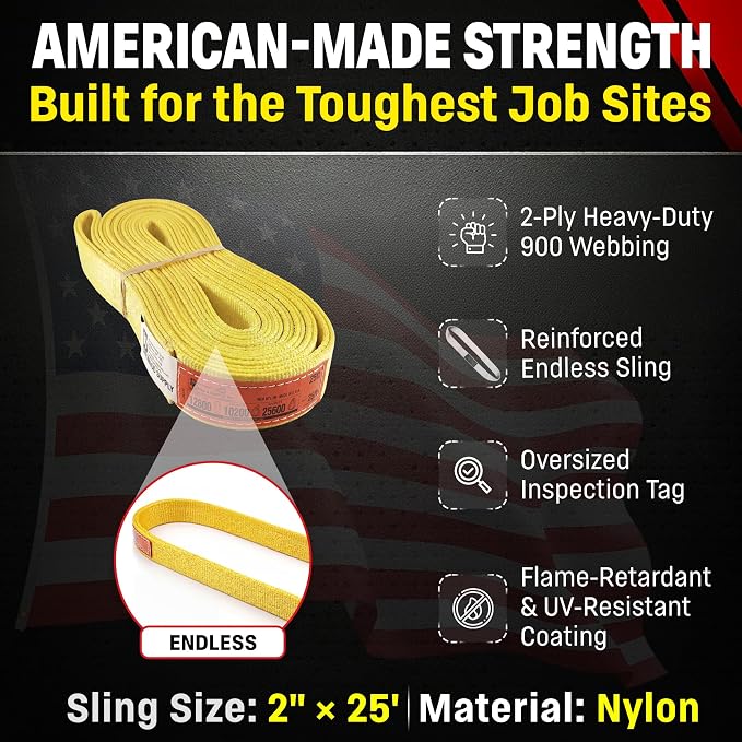 DD Sling 2" x 25' Nylon Endless Lifting Sling – USA Made, 12,800 lb Vertical, 10,200 lb Choker, 25,600 lb Basket – 2 Ply Heavy Duty 900 Webbing, Type 5 Endless Rigging Sling