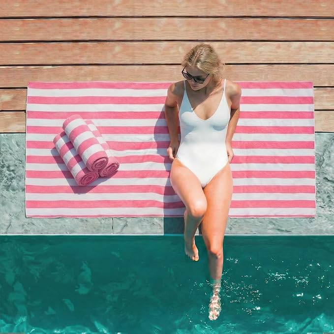 JOYMOOP 3-Pack Microfiber Beach Towel Set – 70" x 35.4" Ultra-Absorbent Beach Towels Oversized, Sand-Free & Portable, Quick-Dry Cabana Stripe Towels with Travel Storage Bags (Pink & White)