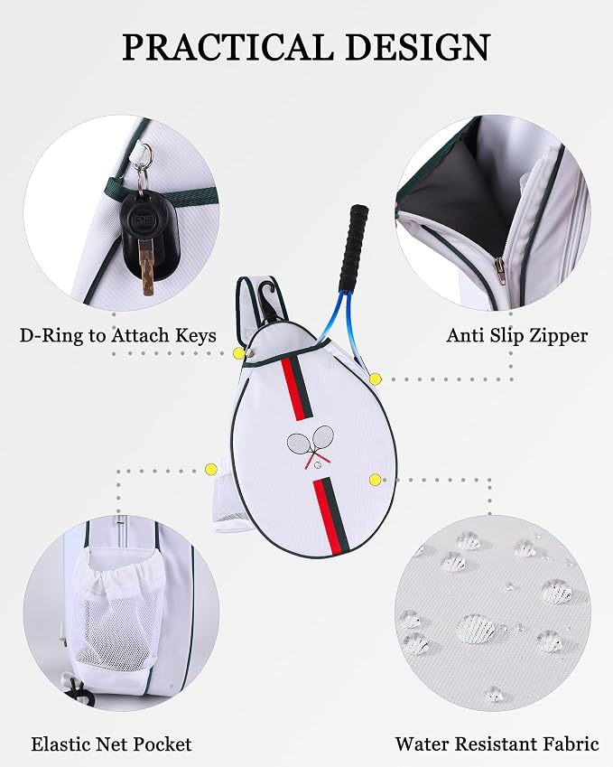 Rejolly Tennis Racket Sling Bag for Women Men Quilted Water Resistant Racquet Cover One Shoulder Crossbody Bag for 2 Tennis Rackets, Pickleball Paddles, Badminton Racquet