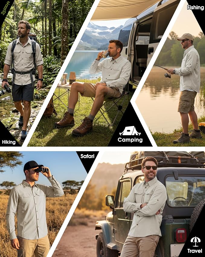 33,000ft Men's Long Sleeve Hiking Shirts Lightweight Quick Dry Sun Protection UV UPF 50 Fishing Shirt Outdoor Safari Travel