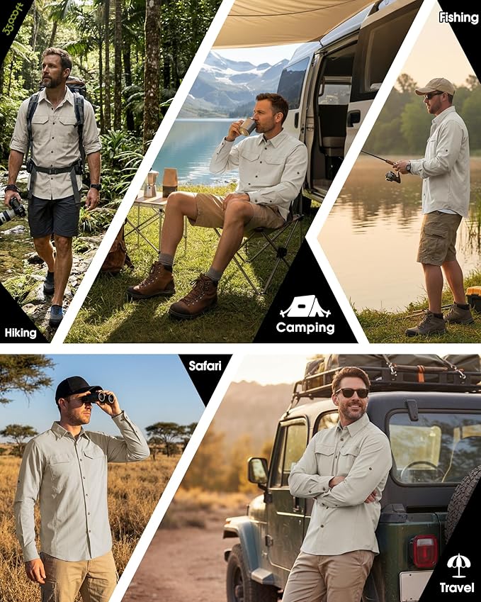 33,000ft Men's Long Sleeve Hiking Shirts Lightweight Quick Dry Sun Protection UV UPF 50 Fishing Shirt Outdoor Safari Travel