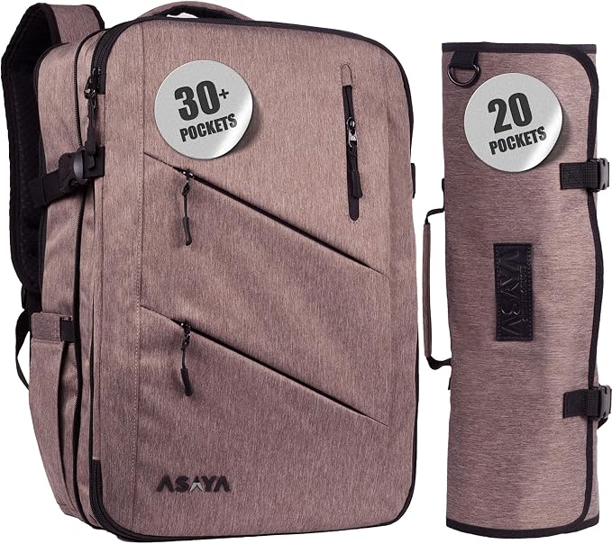 Asaya Chef Knife Backpack with 20-Pocket Knife Roll Bag - Over 30 Storage Pockets Chef Bag, Professional Backpack for Chefs and Culinary Students – Knives Not Included (Brown)