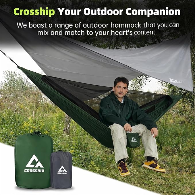 Camping Hammock with Mosquito Net and RainFly Tarp - 2 Person Hammock, Portable Parachute Nylon Hammock for Outdoor, Hiking, Backpacking, Backyard, Travel (Up to 500lbs) - Forest Green
