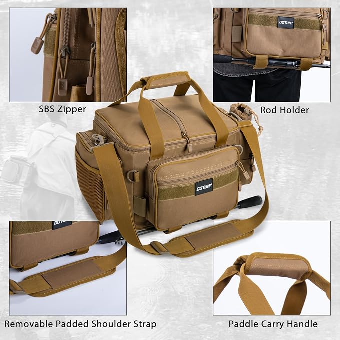 Goture Fishing Tackle Bag,Store Up to 4PCS 3700 Tackle Boxes(Not Included),600D Soft Side Water-Resistant Saltwater Gear Storage Fishing Bag with Rod Straps,Detachable Water Bottle Pouch,SBS Zippers