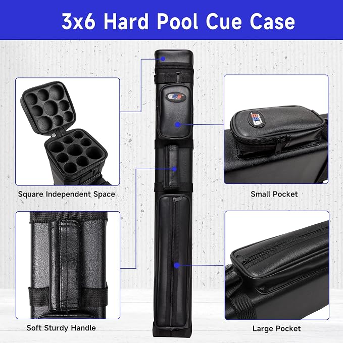 GSE Games & Sports Expert 3x6 Hard Pool Cue Case, Billiard Stick Carrying Bag for 3 Sticks, Holds 3 Butts and 6 Shafts (Several Colors Available)