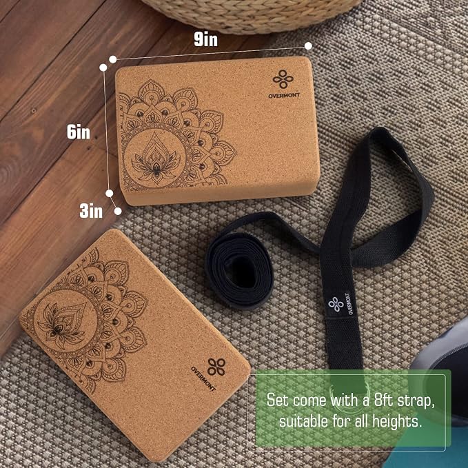 Overmont Yoga block set + cork Yoga block with strap combo