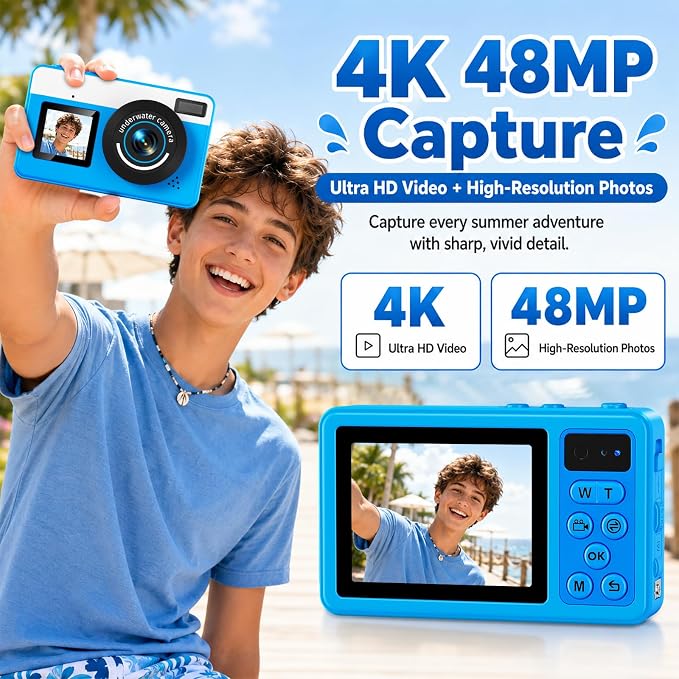 Maxmango D70 Underwater Camera, 10FT Waterproof Digital Camera for Pool & Beach, 4K 48MP Teens Underwater Cam with Dual Screens, Autofocus, 18X Zoom, Floating Camera for Boys Girls Blue(16GB)