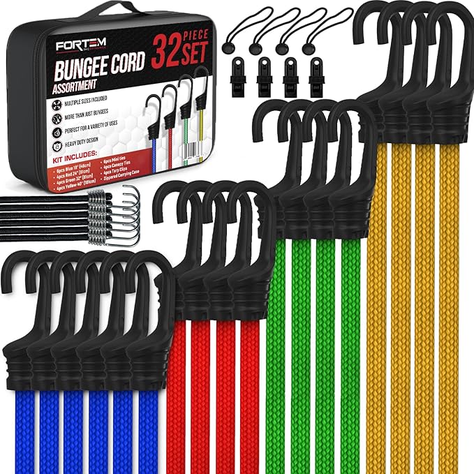 FORTEM Bungee Cord Assortment, 32pk Bungee Cords Multi Pack, Includes 10", 18", 24", 32", 40" Bungees and 8" Canopy/Tarp Ball Ties, Plastic Coated Metal Hooks